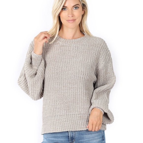 Zenana Outfitters Sweaters - Melange Balloon Sleeve Knit Sweater Top Pullover
